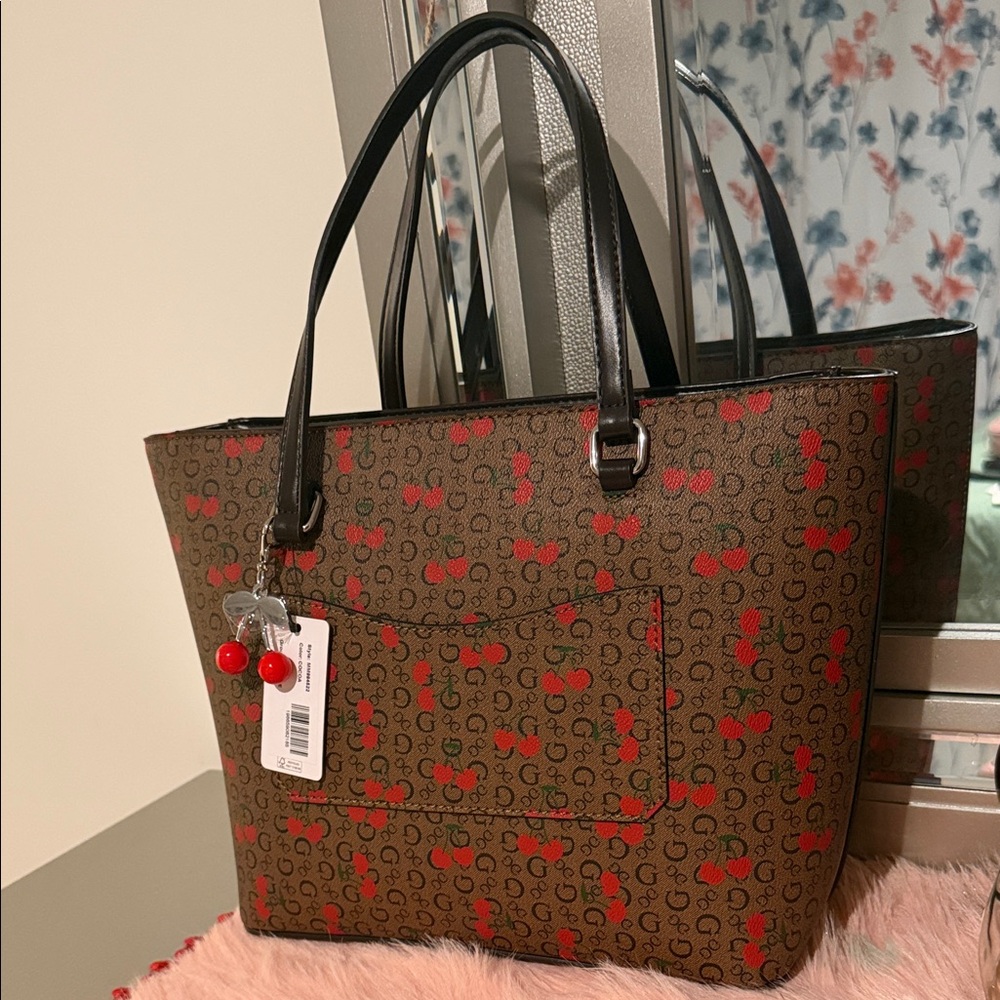 Guess Cherry Print Brown and Red Tote